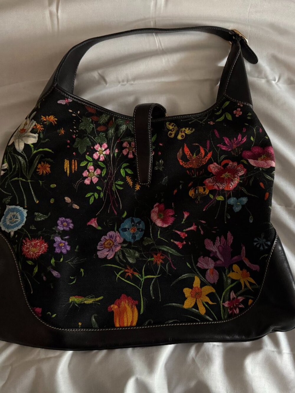 Gucci Flora Jackie O Bouvier Black Floral Canvas Hobo Bag